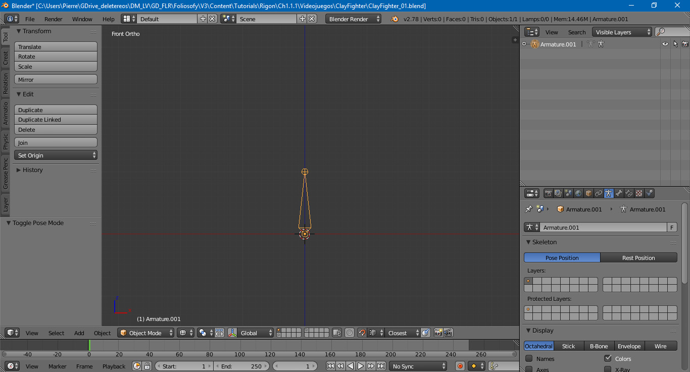 Modelaje y Rigging básico de un personaje estilo Clay Fighter - Creando huesos en Blender